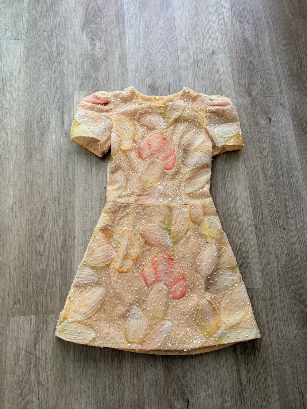 helsi coco orange cream 3d floral embellished puff sleeve sheath mini dress XS